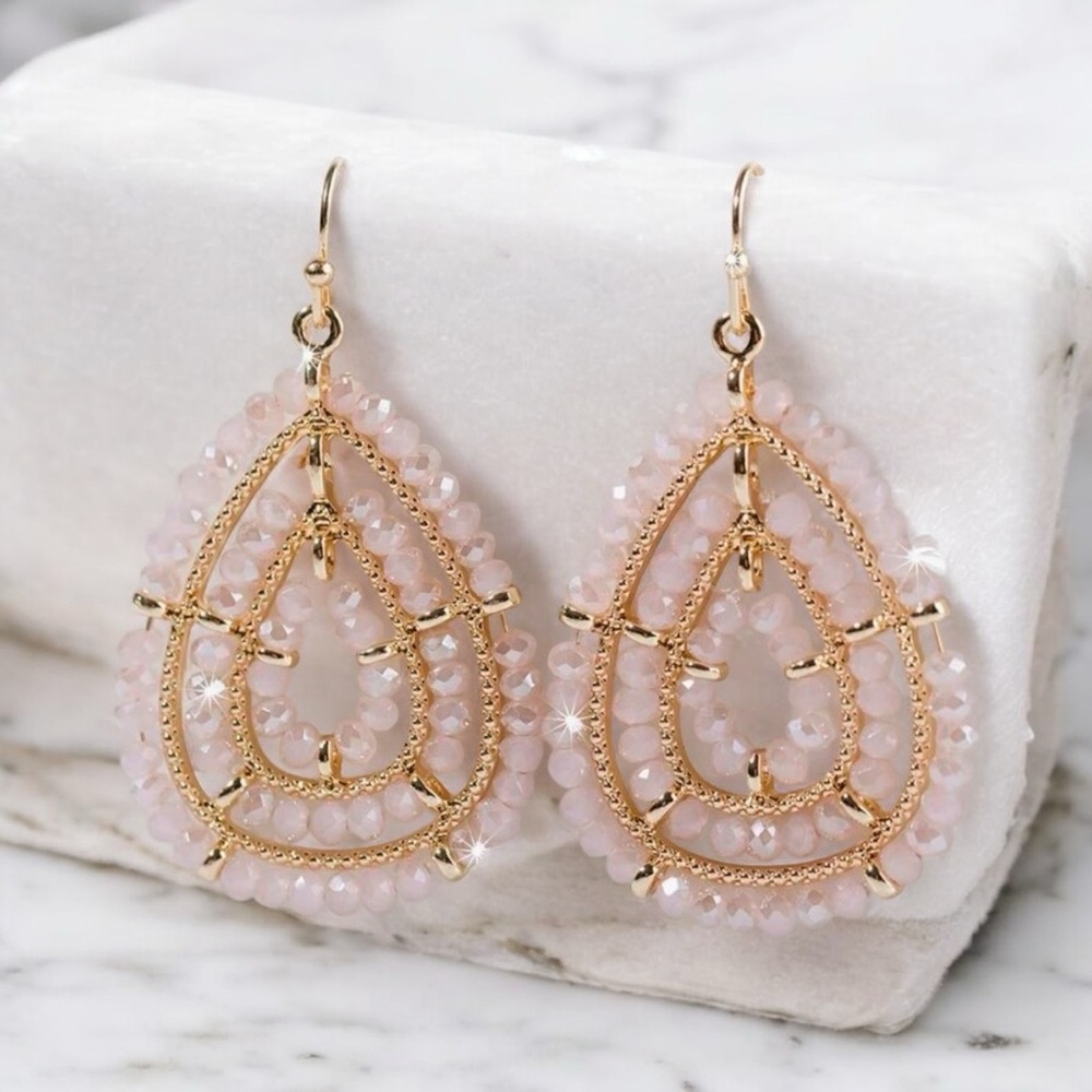 Pink and Gold Sparkly Teardrop Beaded Earrings. New.